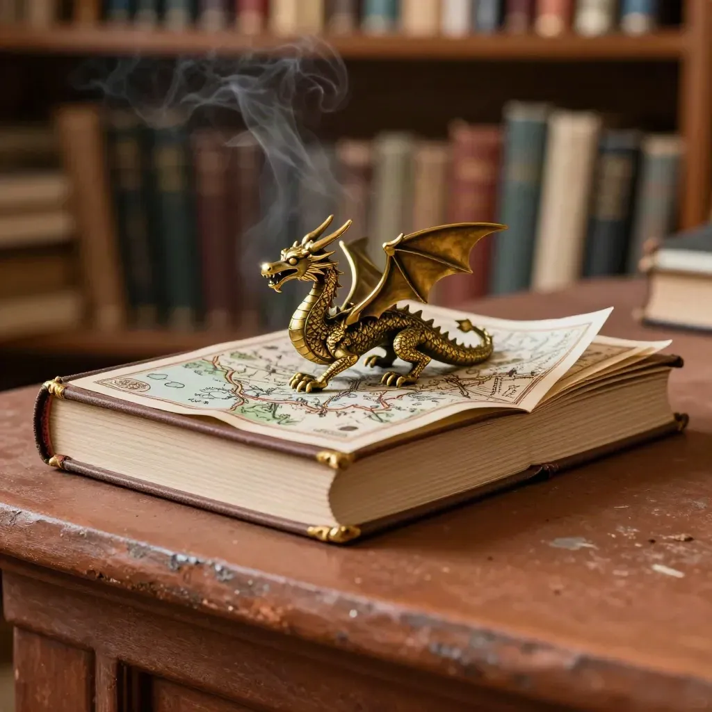 Gilt-edged Hobbit hardback with brass dragon and folded map on a terracotta ledge