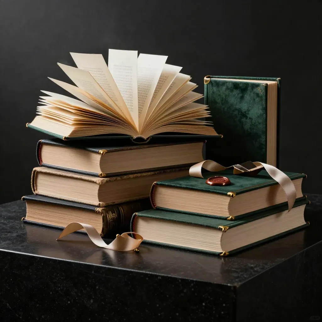 Used books, signed editions, ribbon and gift keepsakes on a dark studio plinth.