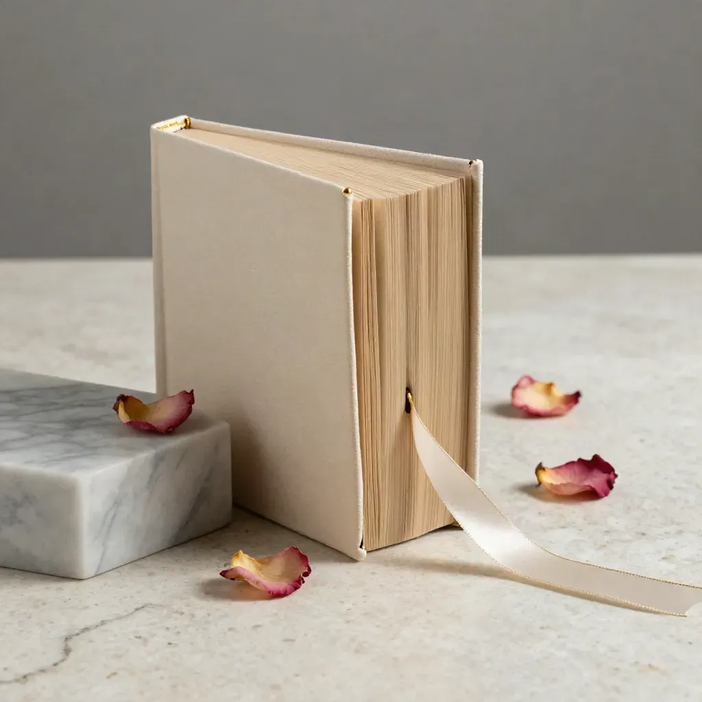 Cream clothbound Pride and Prejudice paperback with ribbon and rose petals on stone