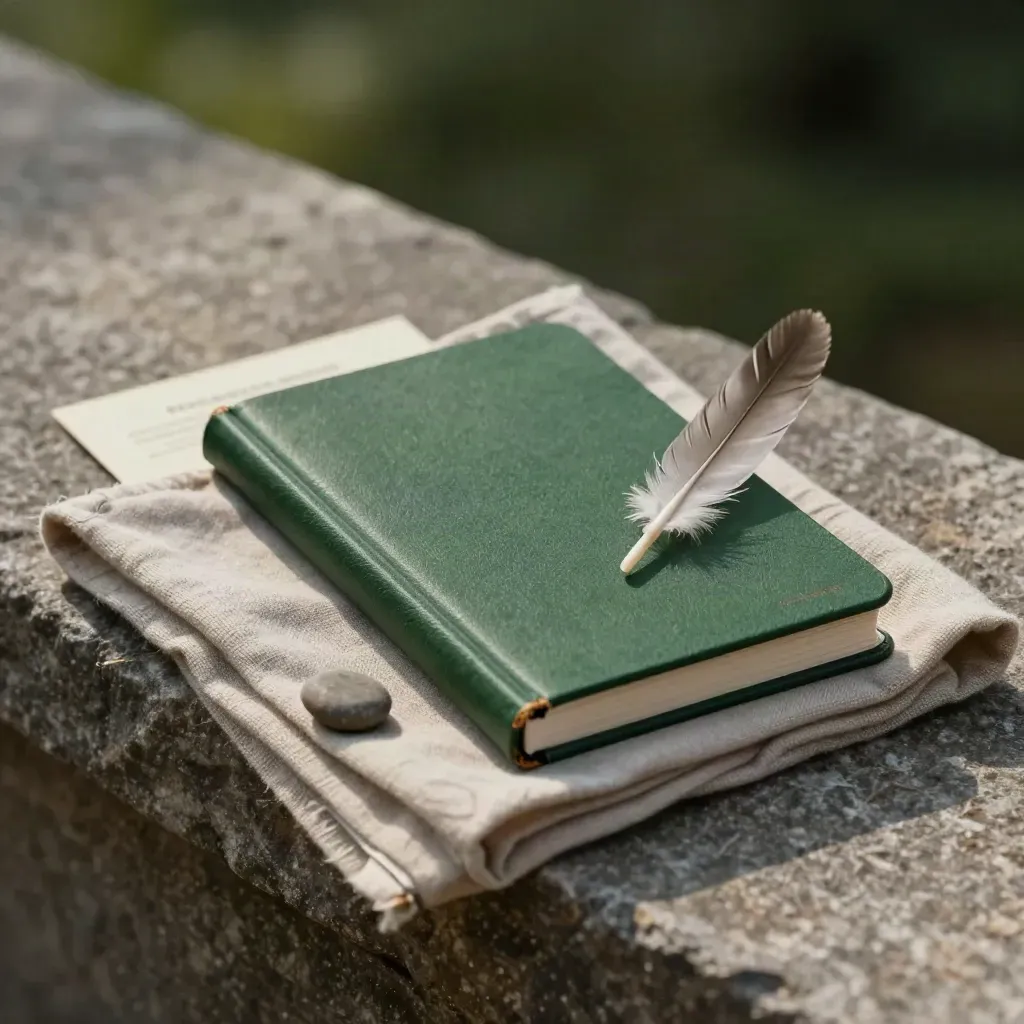 Pocket bird guide, feather and pebble on a stone ledge with a folded cloth in soft daylight.