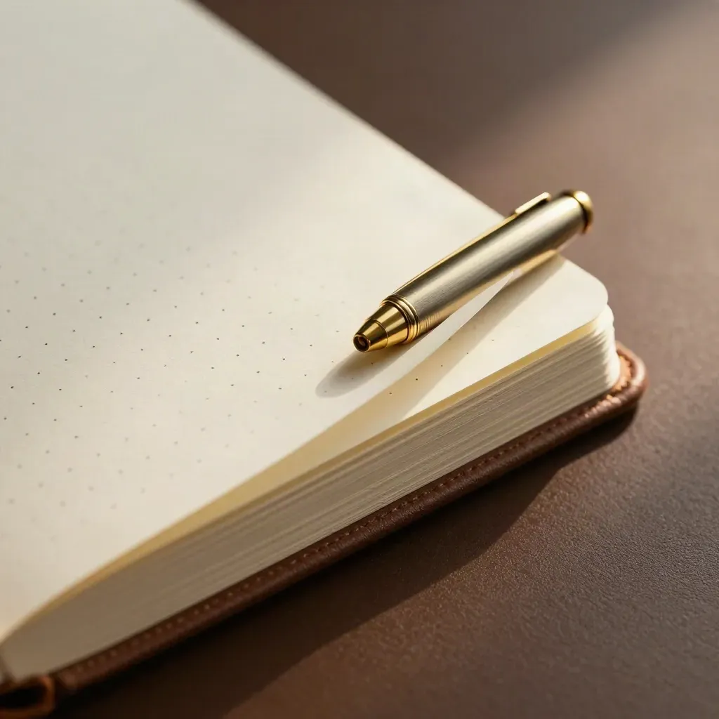 Macro flat lay of a black dot-grid notebook with elastic band, brass cap, and folded cream page.