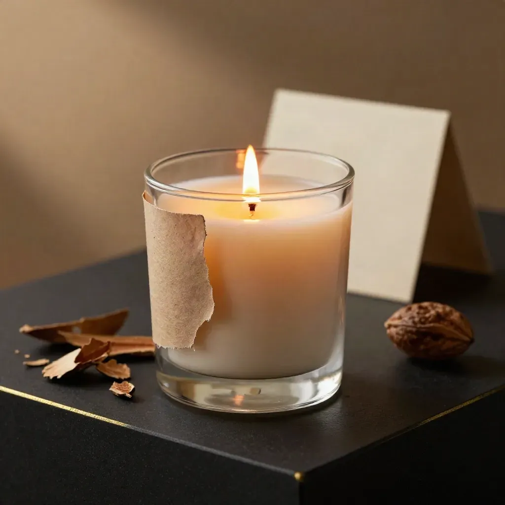 Matte glass soy candle with oak chips and torn paper on a black plinth, glowing softly.