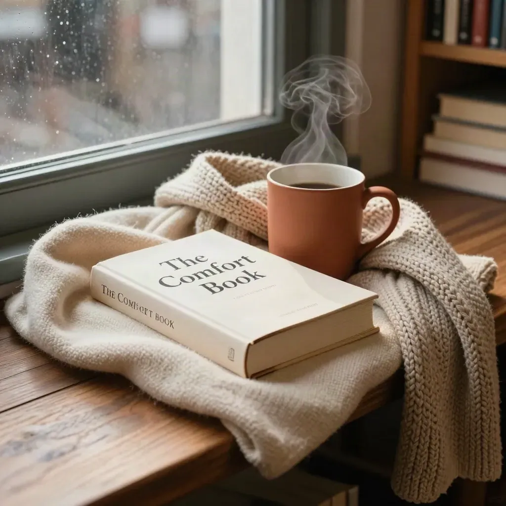 Hardback book, steam mug, wool throw and scarf in a cozy bookshop reading nook.