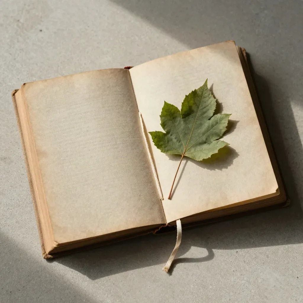 Overhead flat lay of a worn copy of The Secret Garden on linen with leaves and a ribbon bookmark.