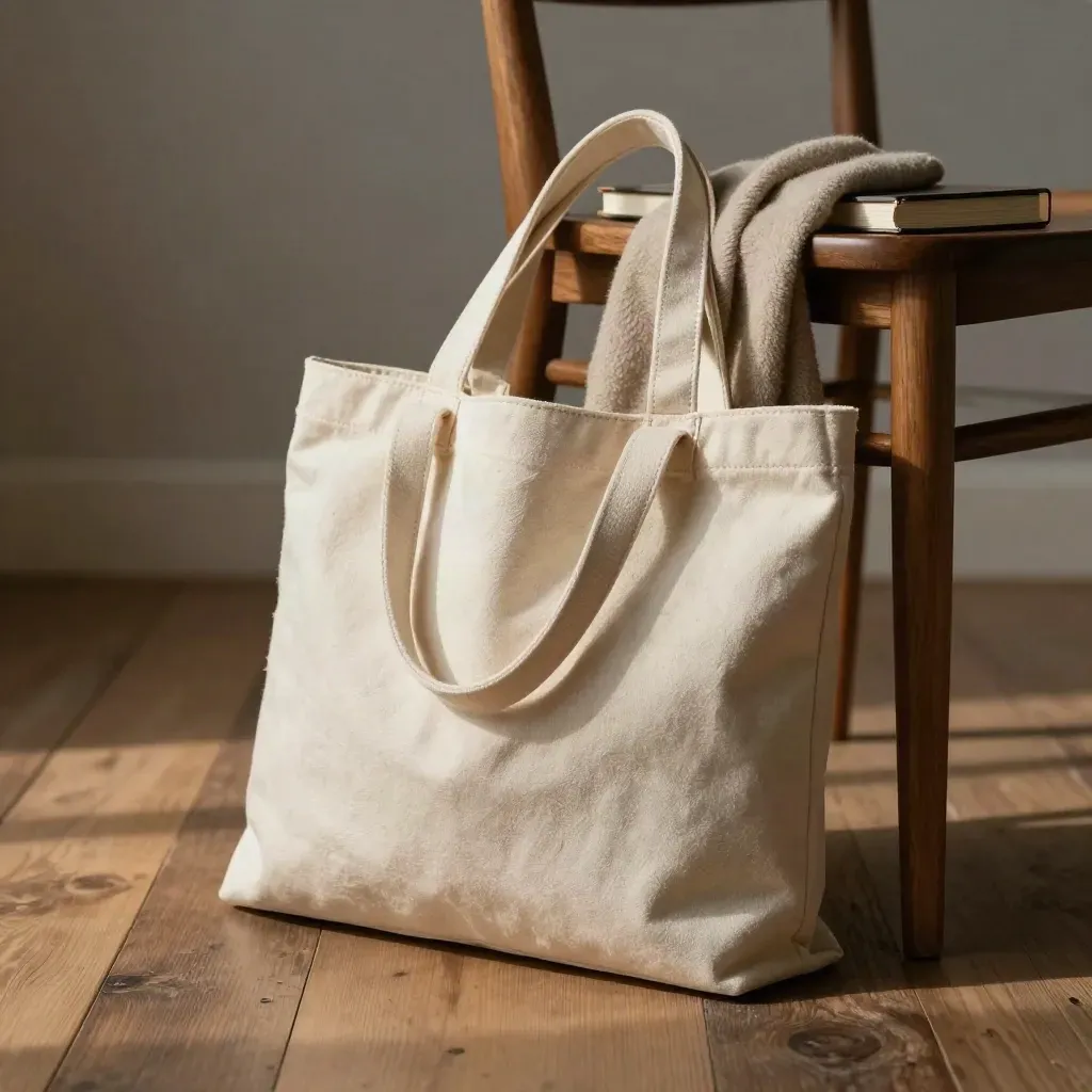 Canvas book tote with scarf and notebook leaning on a wooden chair in warm soft light.