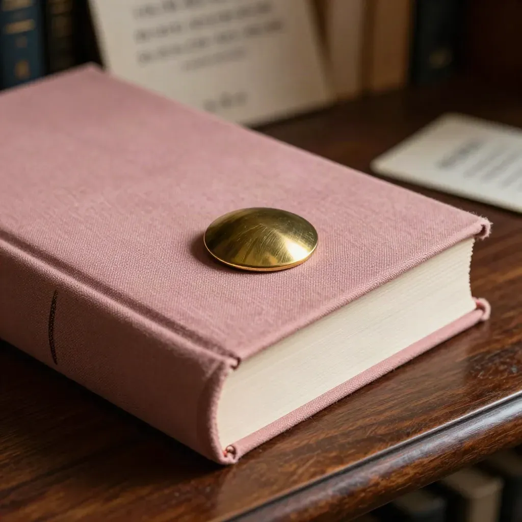 Macro of a rose paperback with brass brooch and folded linen on a dark bookshop shelf.