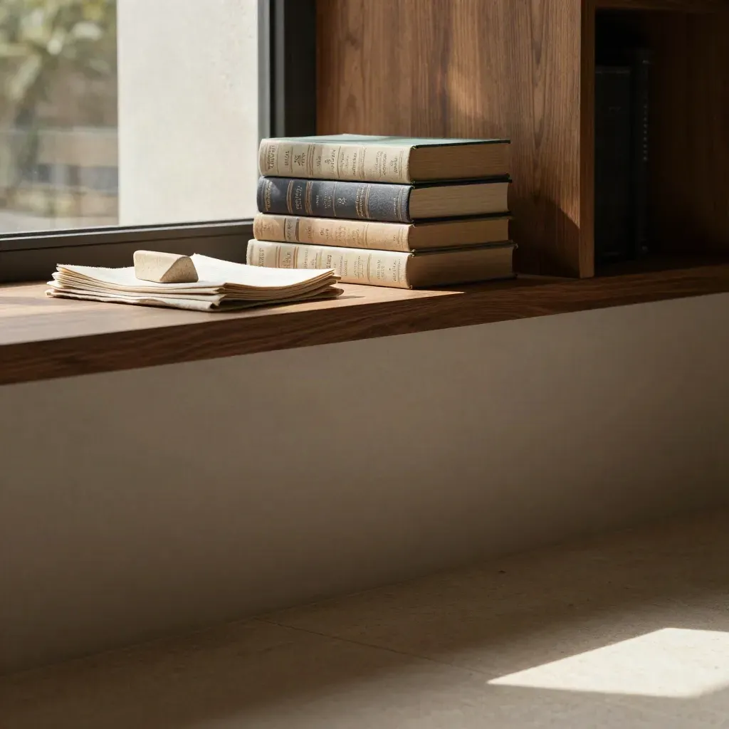 Stacked hardback books on an oak shelf by a stone window in warm sunlight.