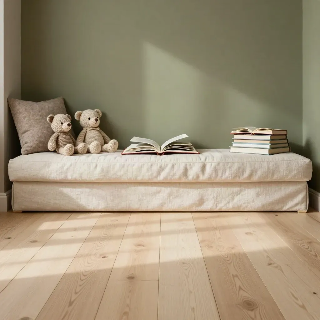 Sunny reading corner with plush toys, low book bench, and open floor space