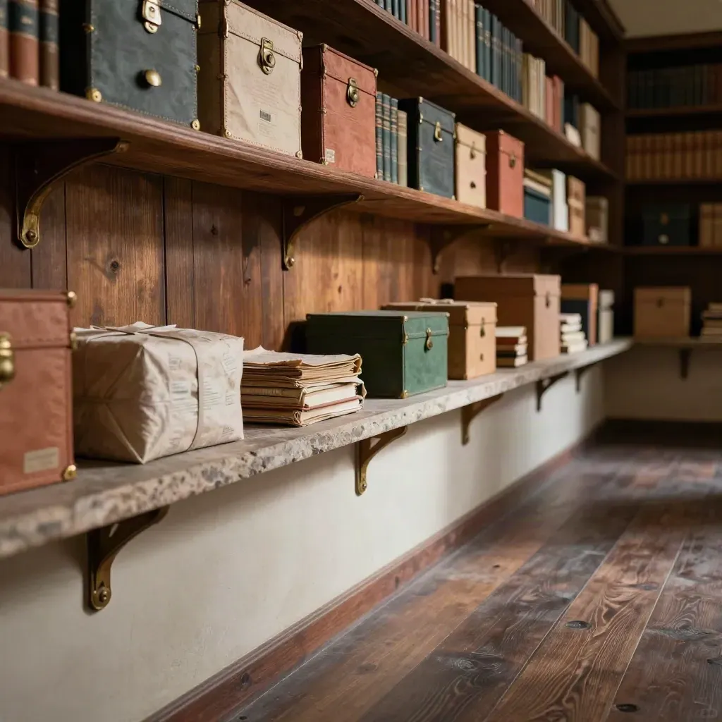 Sunlit archive-like book room with brass, stacked boxes and calm shadowed floor.