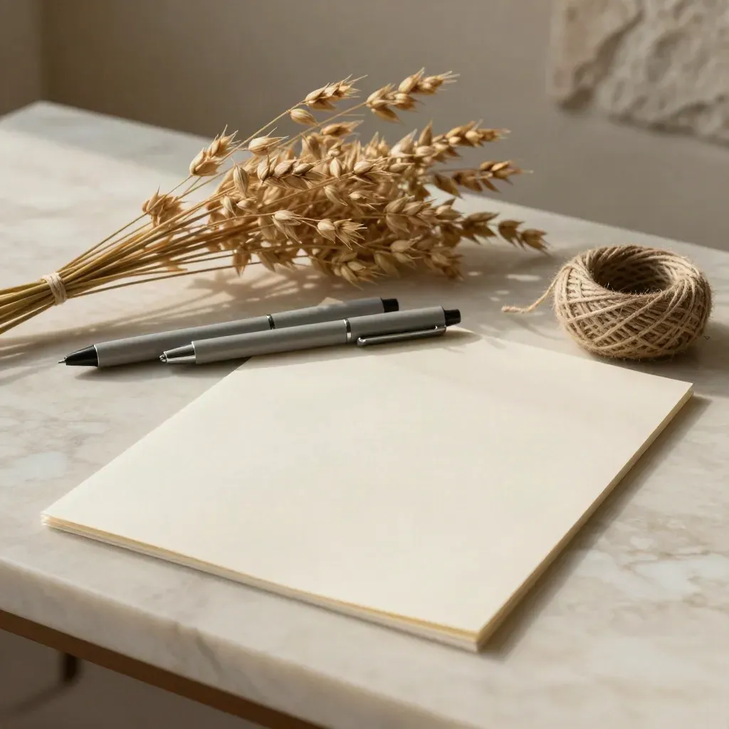 Sunlit marble still life with stationery, twine, and dried stems on a calm neutral surface.