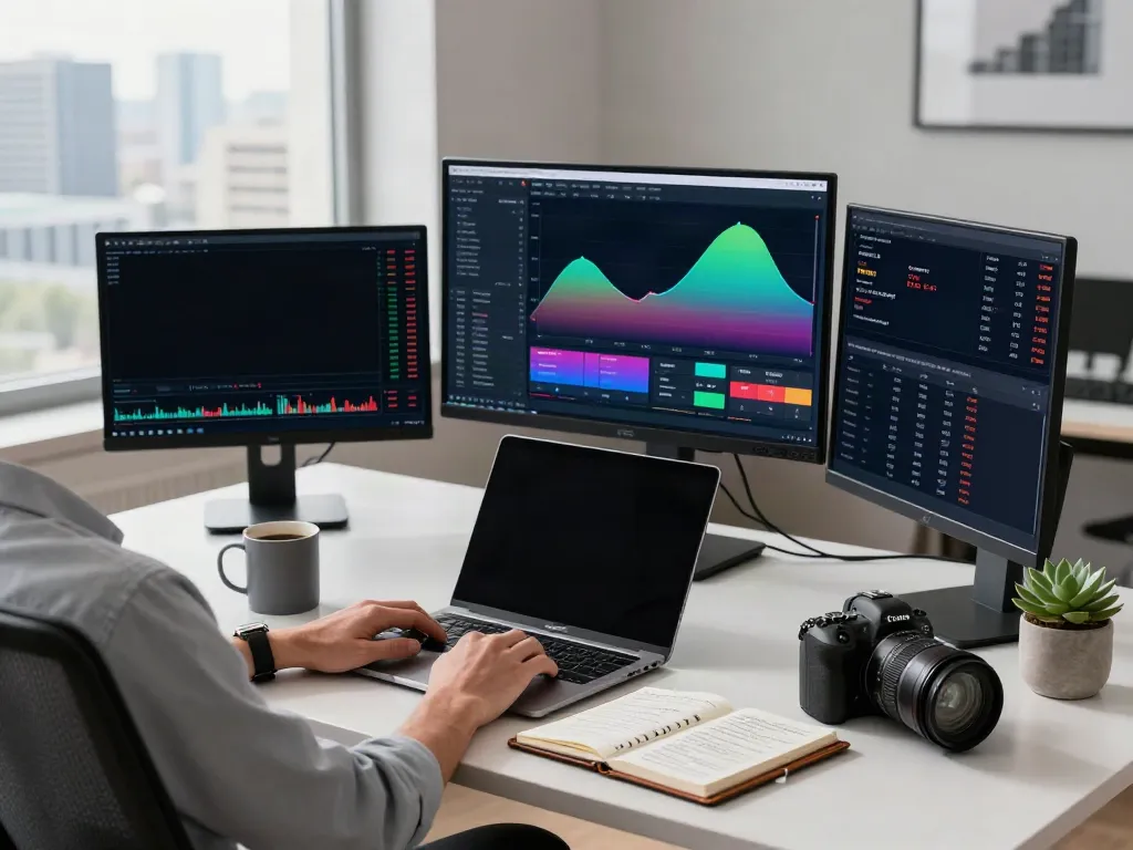 Dynamic trading analysis with TradingView charts on multiple monitors in a modern home office.