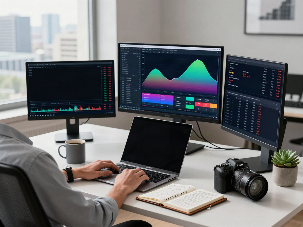 Dynamic trading analysis with TradingView charts on multiple monitors in a modern home office.
