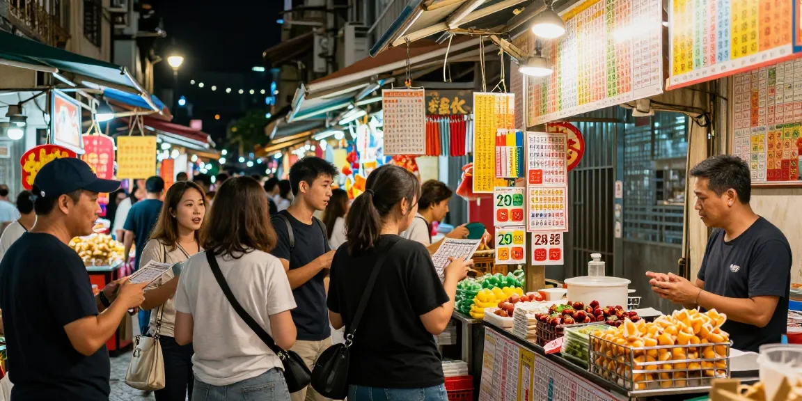 Angka untung dan suasana meriah pasar malam di Macau, dengan penjudi berbincang strategi togel.
