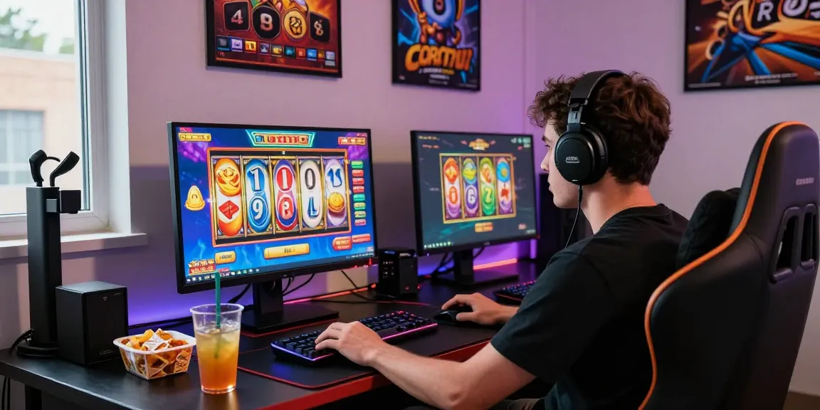 Engaged player spinning colorful slot reels on a vibrant gaming setup.