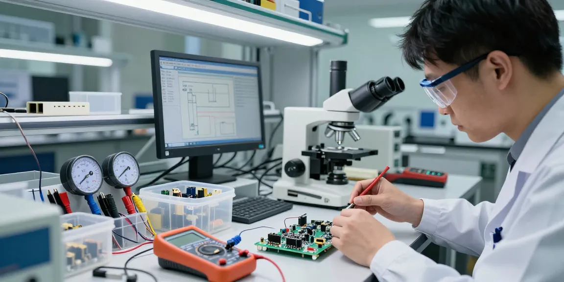 Engineer working on IEC connectors with measuring tools and prototypes in a high-tech laboratory.