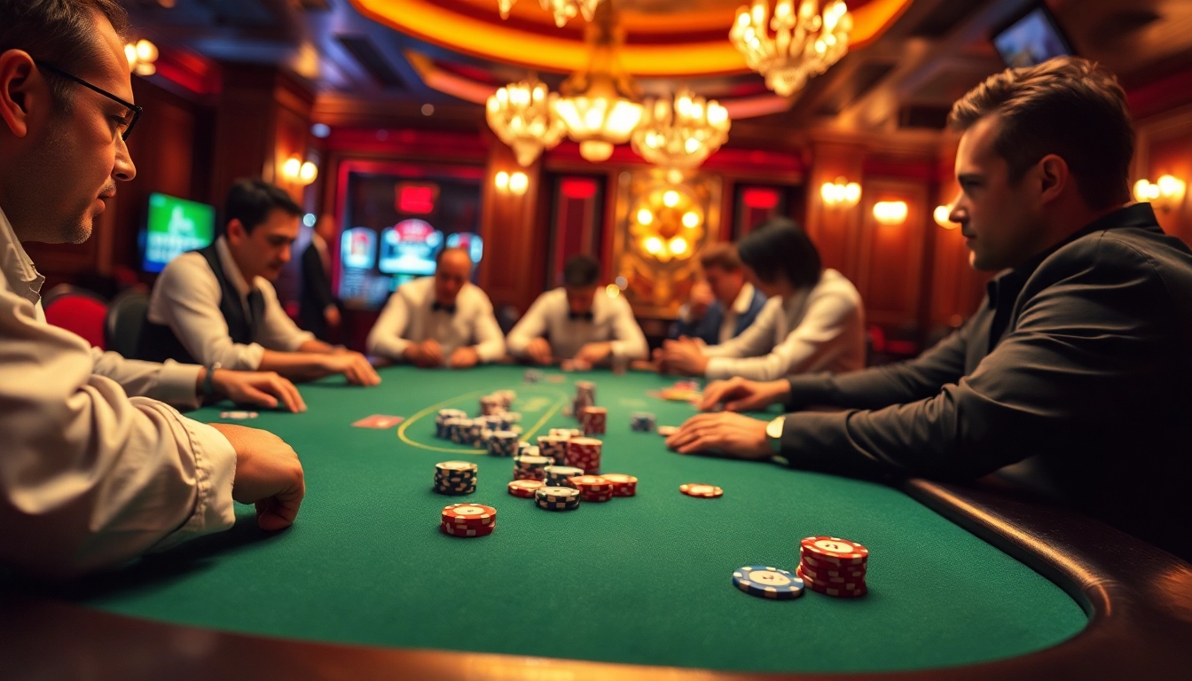Main feature of Akun Depo 5k showcasing poker table excitement in a lively casino environment.