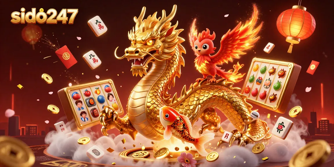 Engage in thrilling gaming adventures with sido247 as a fierce dragon, phoenix, and koi fish leap through coins and slot elements.