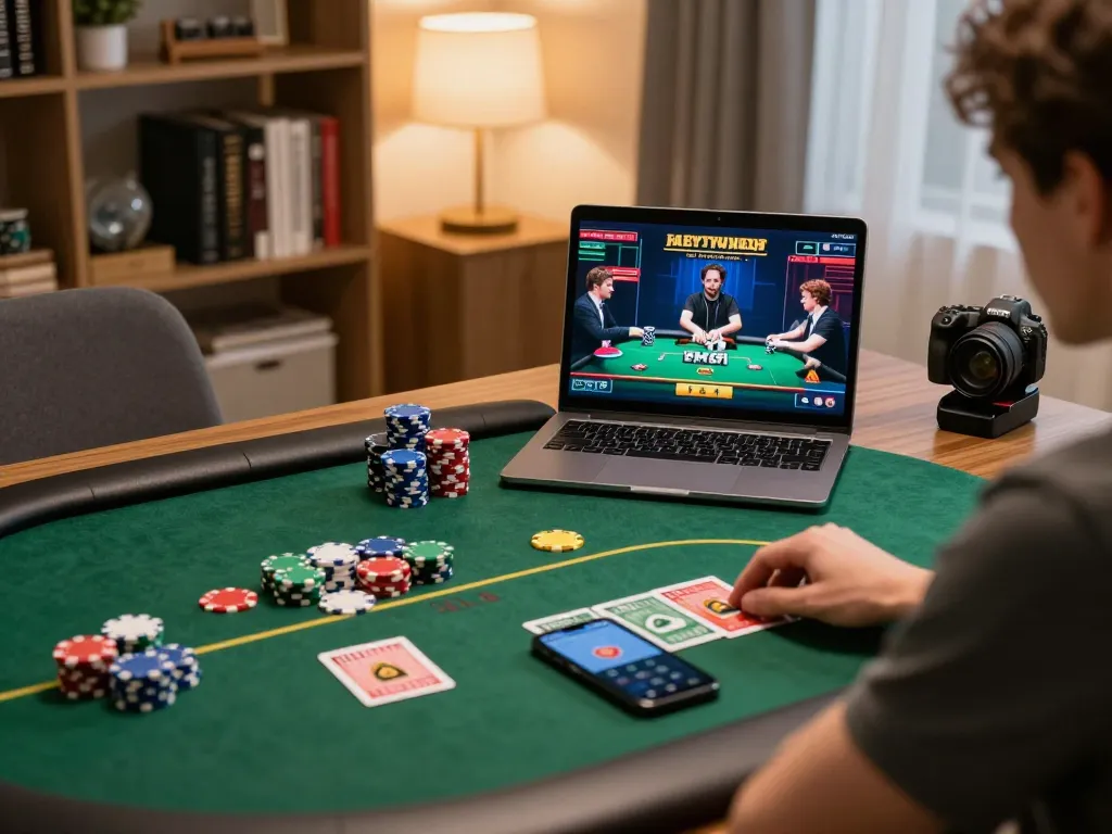 Player strategizing on vin88tp while using online poker app in a cozy home environment.