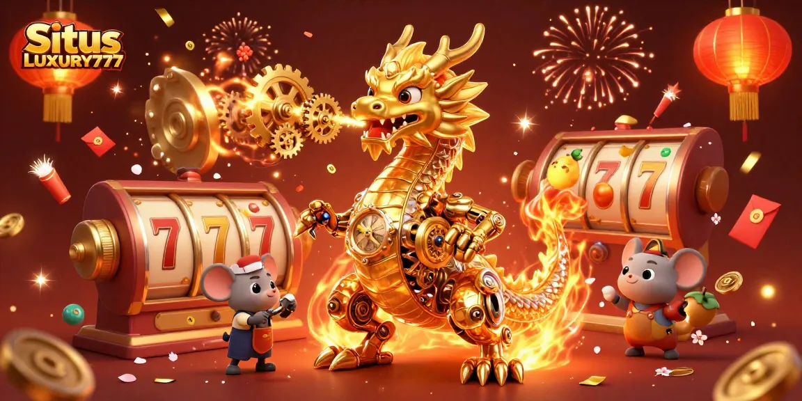 Situs LUXURY777 menghadirkan gambar permainan slot penuh aksi dengan naga mekanis dan elemen keberuntungan.