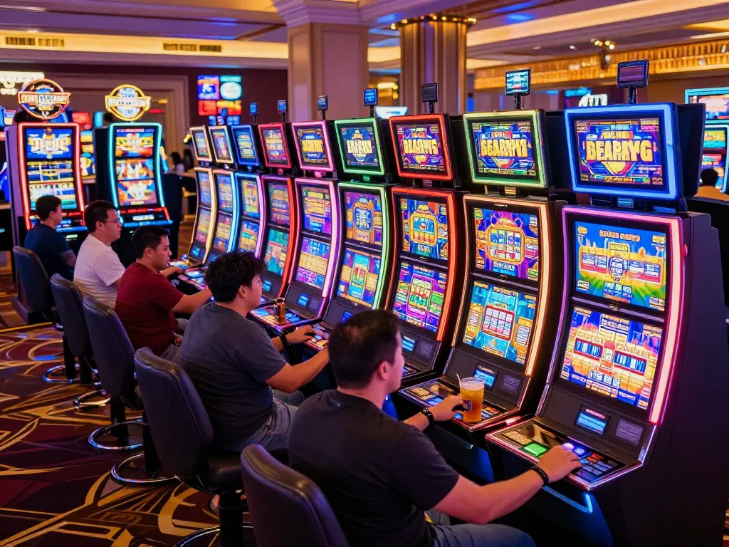 Players engaging with vibrant slot machines at a 33win Las Vegas casino, showcasing excitement and strategy.