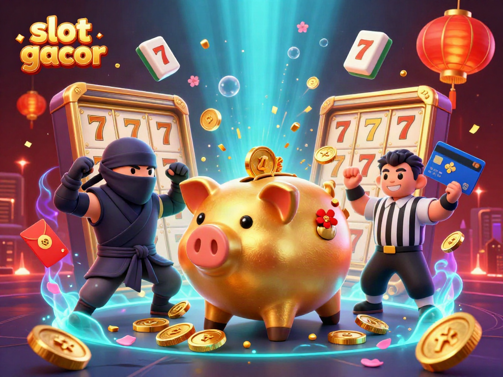 Engage with slot gacor action in an energetic casino scene filled with animated characters and vibrant symbols.