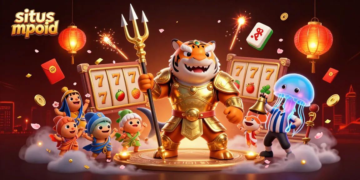 Situs mpoid showcases a thrilling underwater casino battle with a shark gladiator, vibrant game elements, and action-packed visuals.