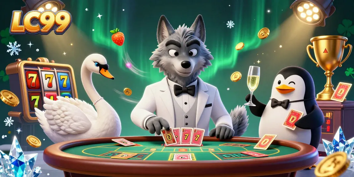 LC99 offers an exciting gaming scene with a wolf at a baccarat table, vibrant slot reels, and sparkling coins.
