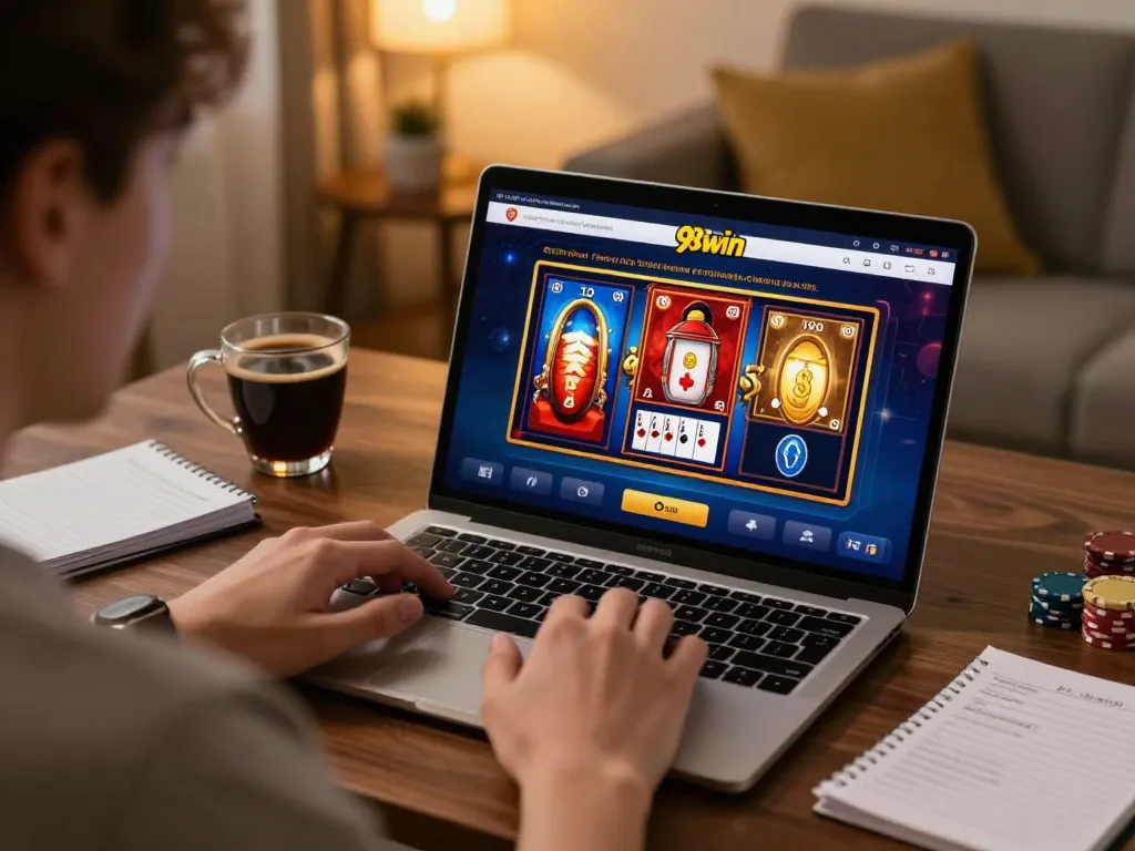Engaging with the 98win platform for online gaming, showcasing poker strategy in a cozy home setting.