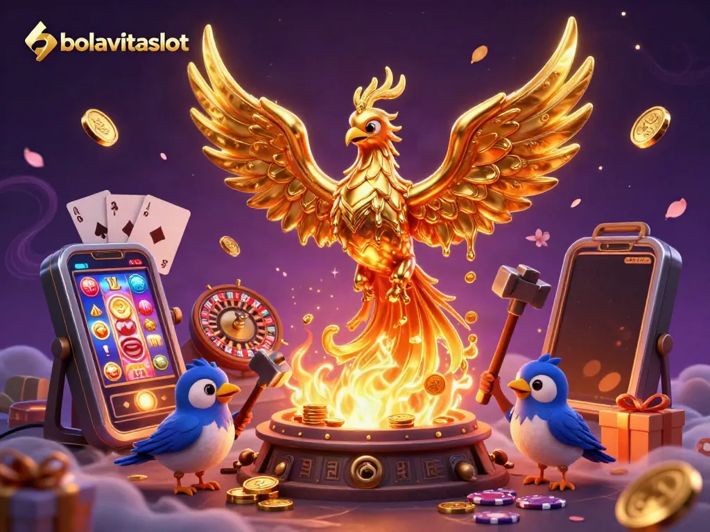Experience bolavitaslot with a golden phoenix emerging from a forge amid vibrant casino elements.
