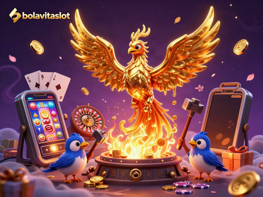 Experience bolavitaslot with a golden phoenix emerging from a forge amid vibrant casino elements.