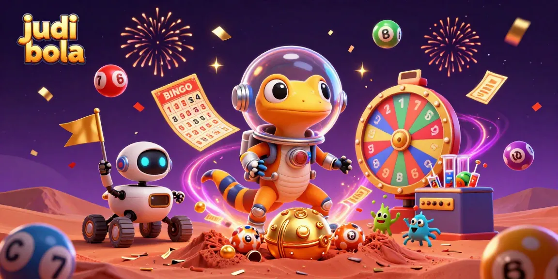 Engage in judi bola excitement with a colorful 3D scene featuring a Martian gecko and alien characters.
