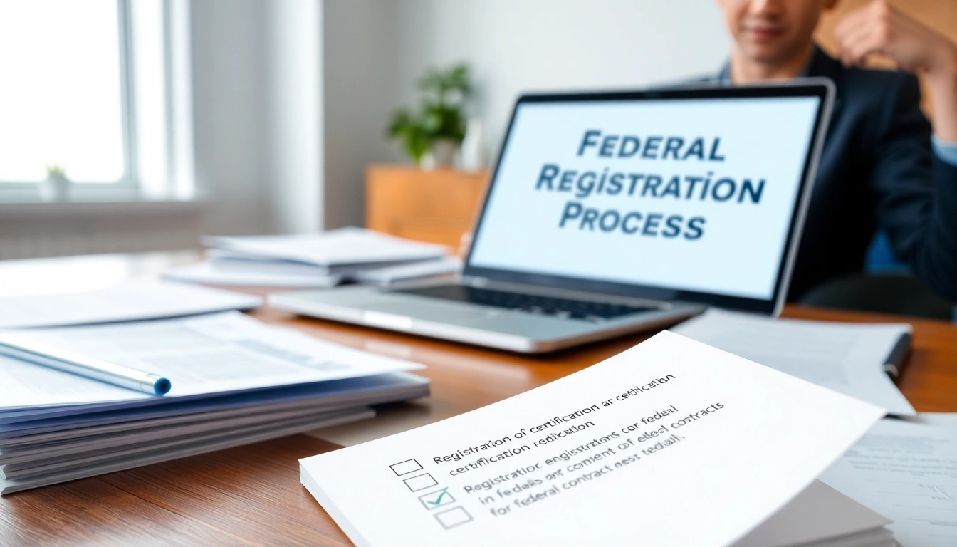 Consultant reviewing registration and certification in Federal databases for federal contracts at a modern workspace.