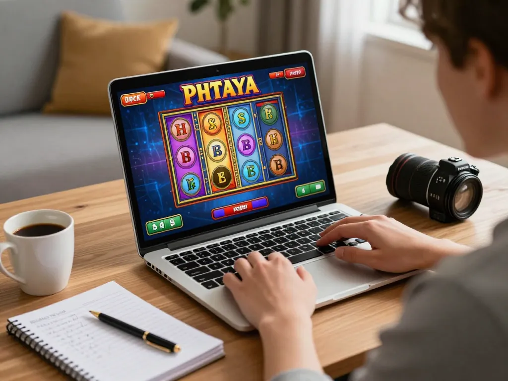 SLOT PHTAYA gameplay displayed on laptop, player engaged in responsible online gaming strategy.
