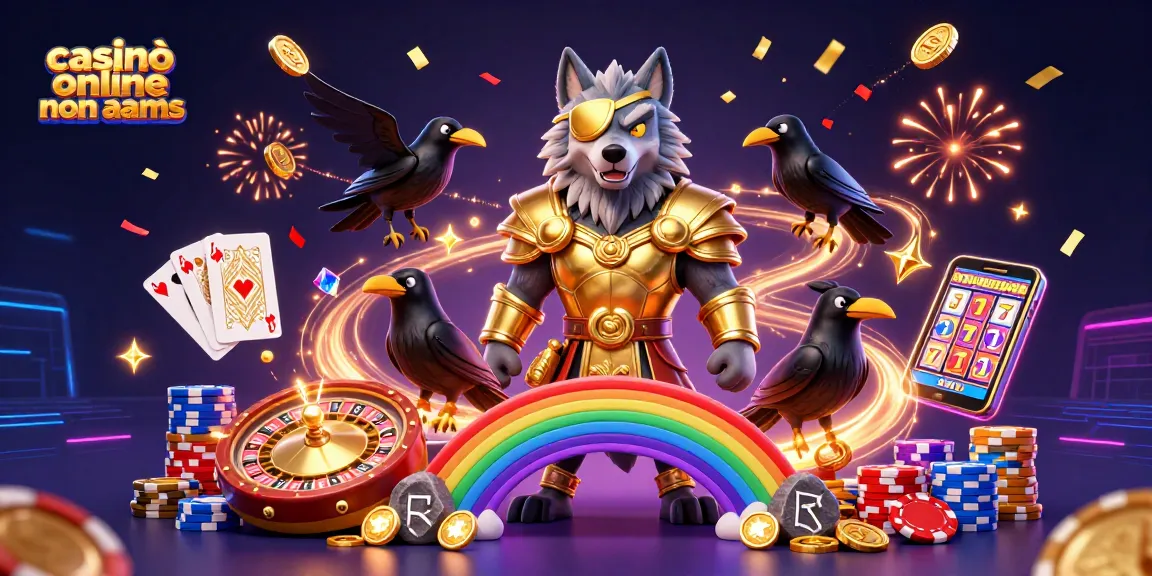 Vinci alla grande nei casinò online non AAMS mentre Odino e i suoi corvi festeggiano su un vibrante arcobaleno di fiches da casinò.