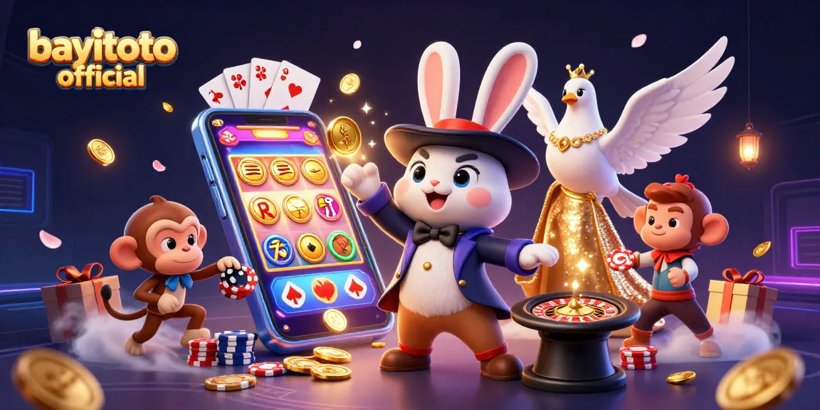 Engage with bayitoto official in this vibrant illustration featuring a magician rabbit and gaming elements.