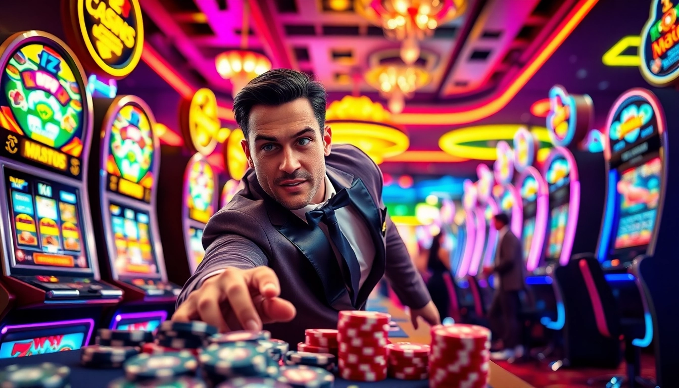 Vegas hero enjoying a thrilling game at the casino with vibrant lights and slot machines.