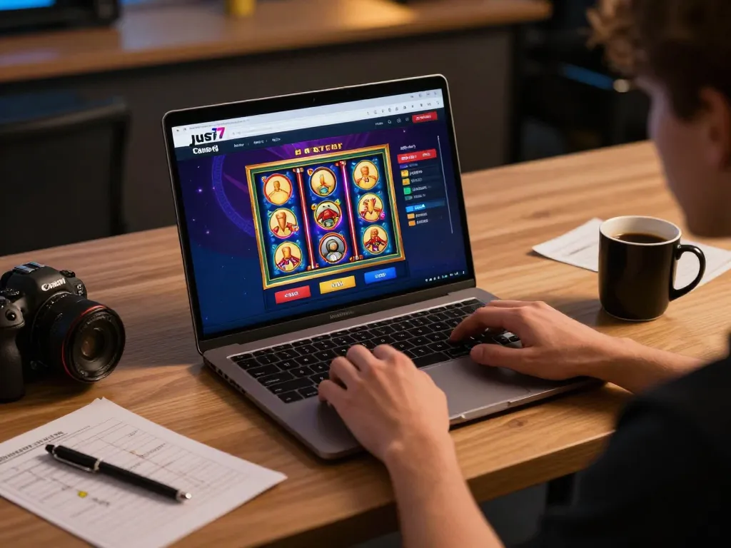 Player engaging in fun jus77 online slots at a stylish gaming setup with vibrant visuals