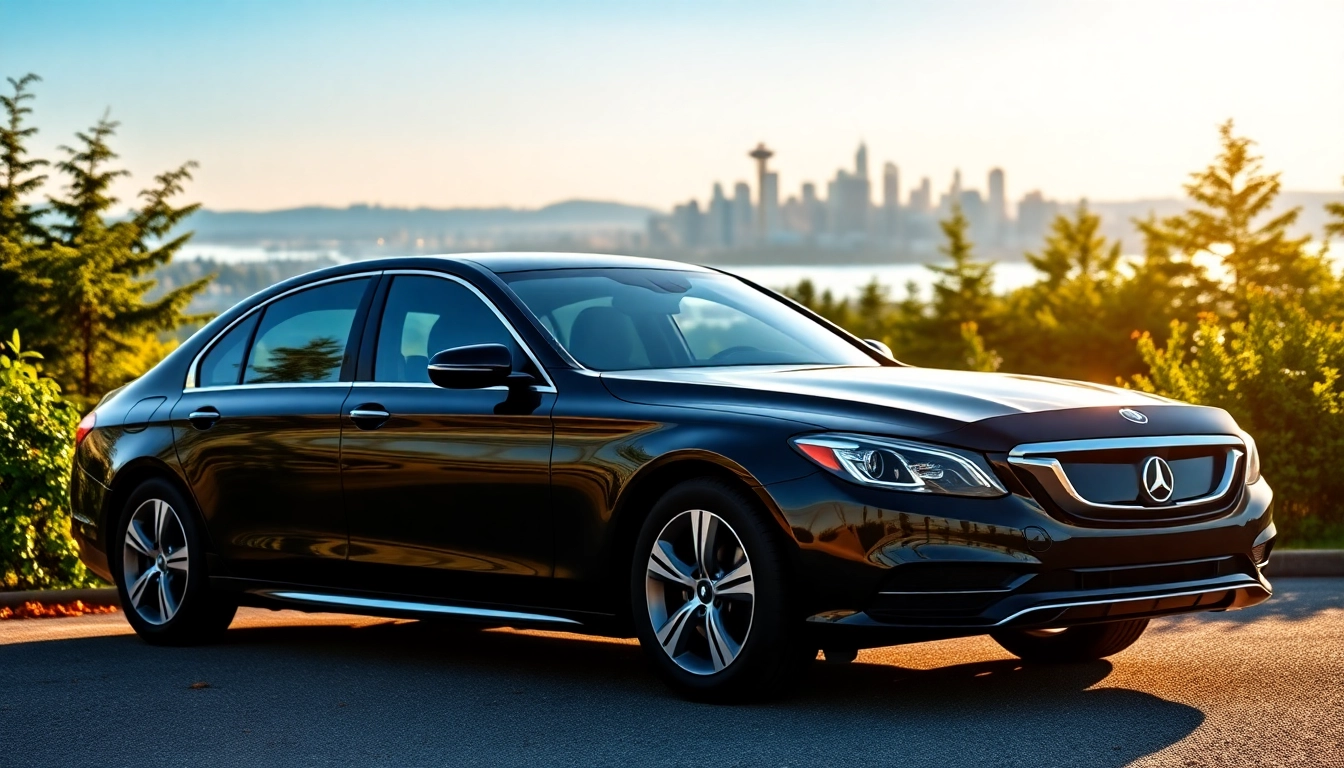 Experience a car service from Vancouver to Seattle in a sleek black sedan with stunning views.
