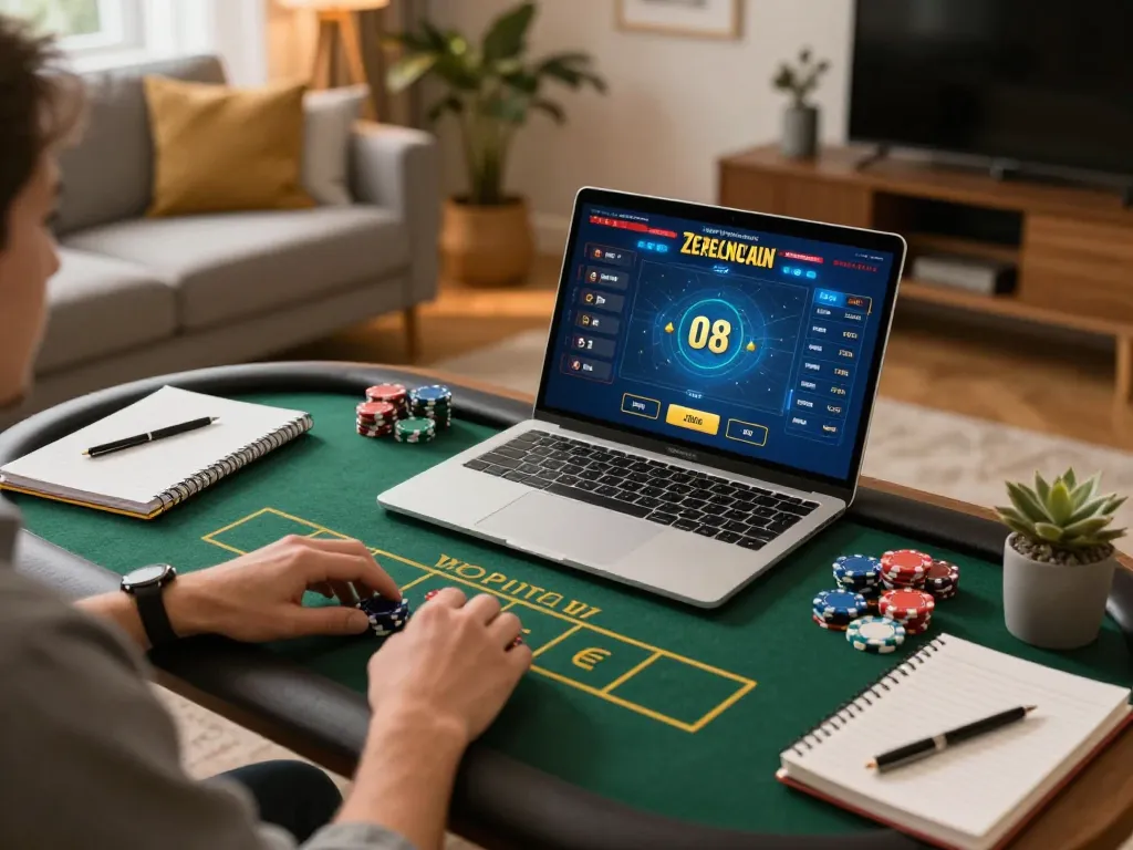 Engaging with live dealer games on O8 casino platform from home for strategic gameplay.