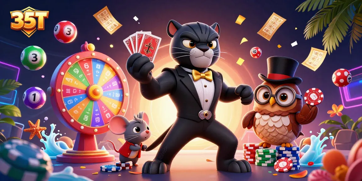 Engage with 35T's vibrant casino scene, where a stylish panther deals cards amidst falling lottery balls and golden prizes.