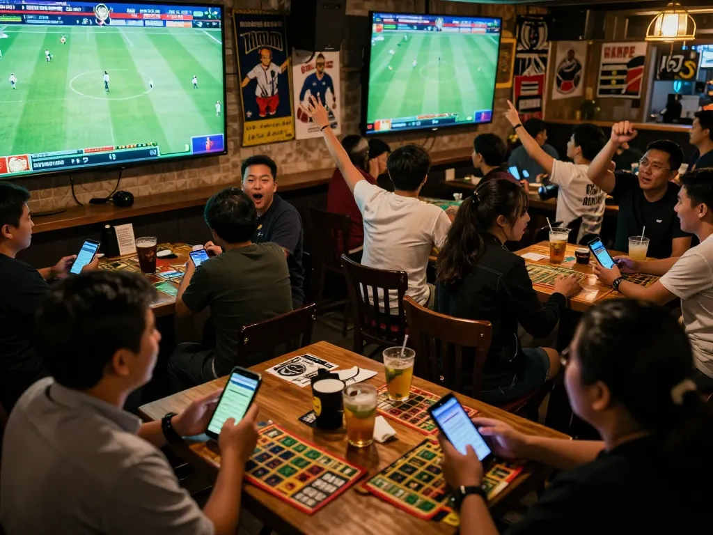 Bongdalu enhances sports betting experience in a lively environment with patrons engaged in real-time updates.