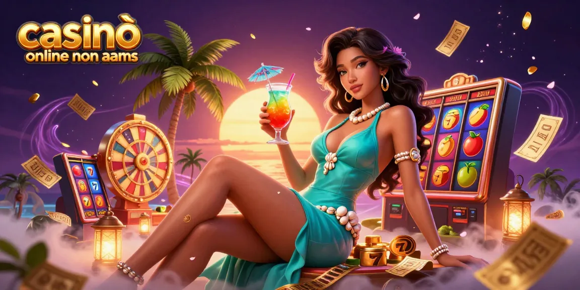 Una scena immersiva di casinò online non AAMS che mette in mostra giochi di slot vibranti e personaggi dinamici in un'atmosfera di casinò tropicale.