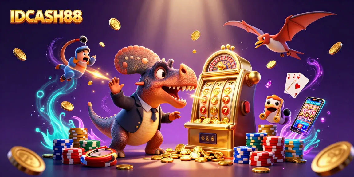 Experience IDCASH88 excitement as a dinosaur jackpot triggers coins and fun casino elements fly.