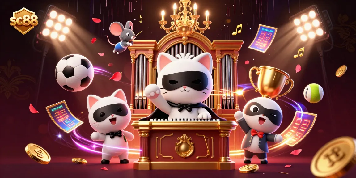 Experience sc88 with dynamic 3D casino illustration featuring a phantom cat, mouse acrobat, and energetic sports elements.