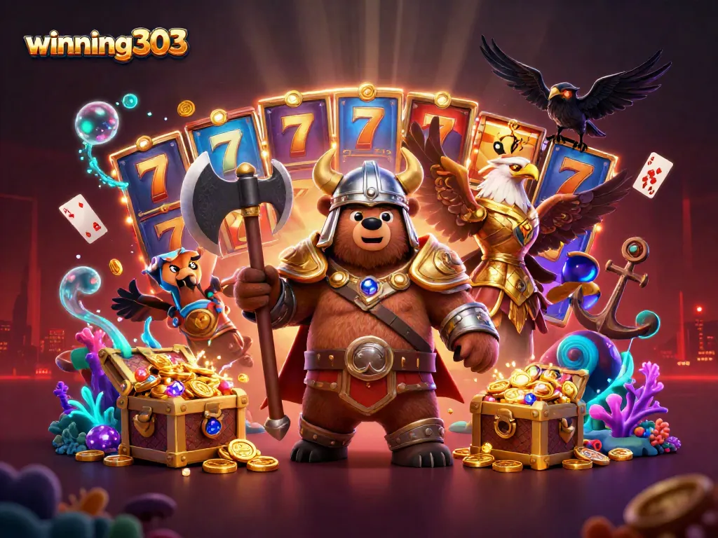Experience winning303 with a dynamic scene of thematic characters and game elements offering thrilling casino action.