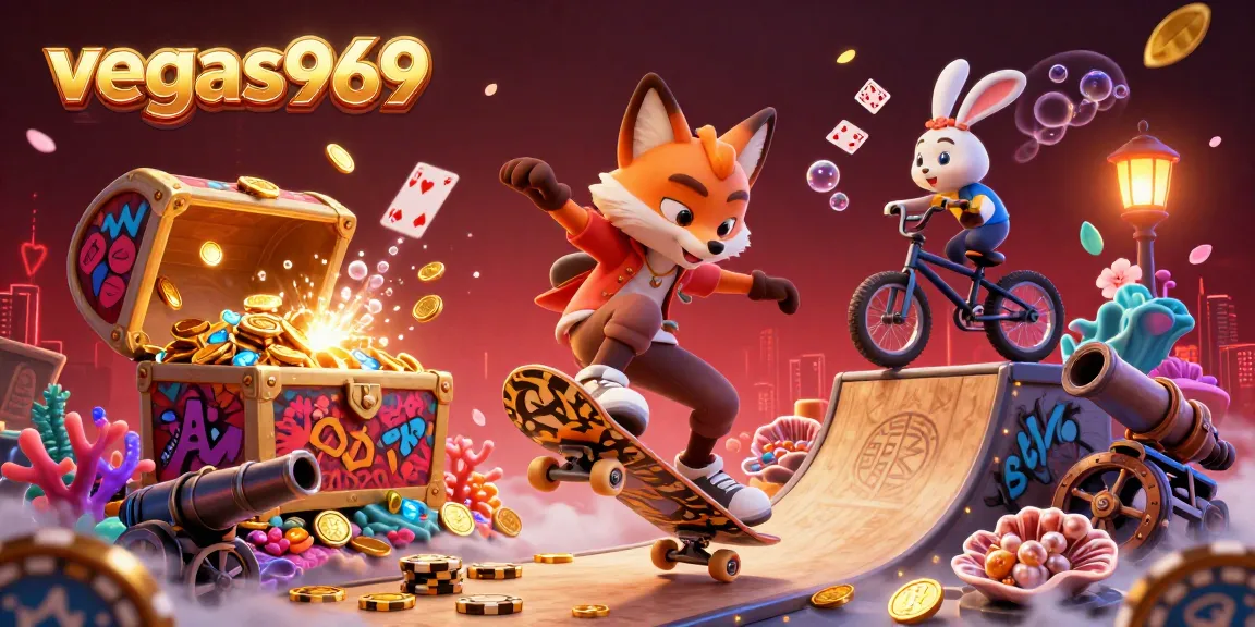 Vegas969 showcases thrilling gaming action with a fox kicking over golden poker chips surrounded by vibrant casino-themed elements.