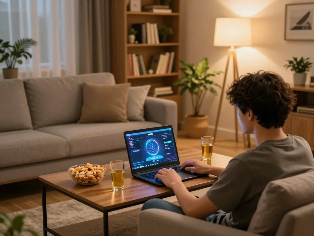 Engaging in online gaming with NK88 interface at home, enjoying snacks and a cozy atmosphere.