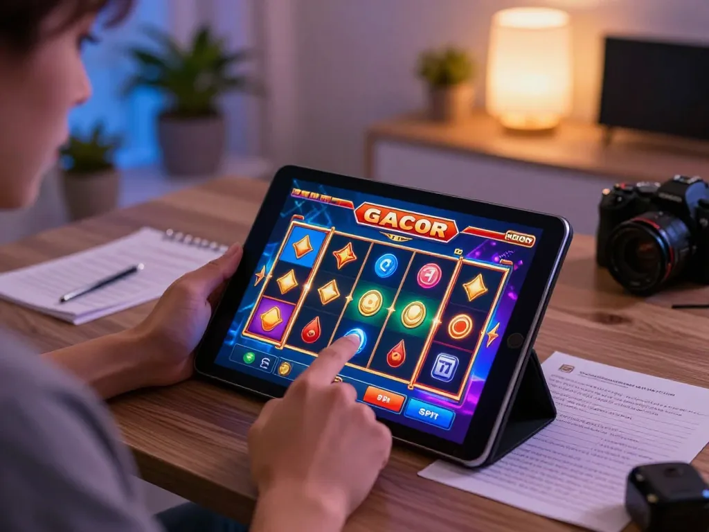 Engaged player enjoying slot gacor gameplay on tablet with strategic notes around.