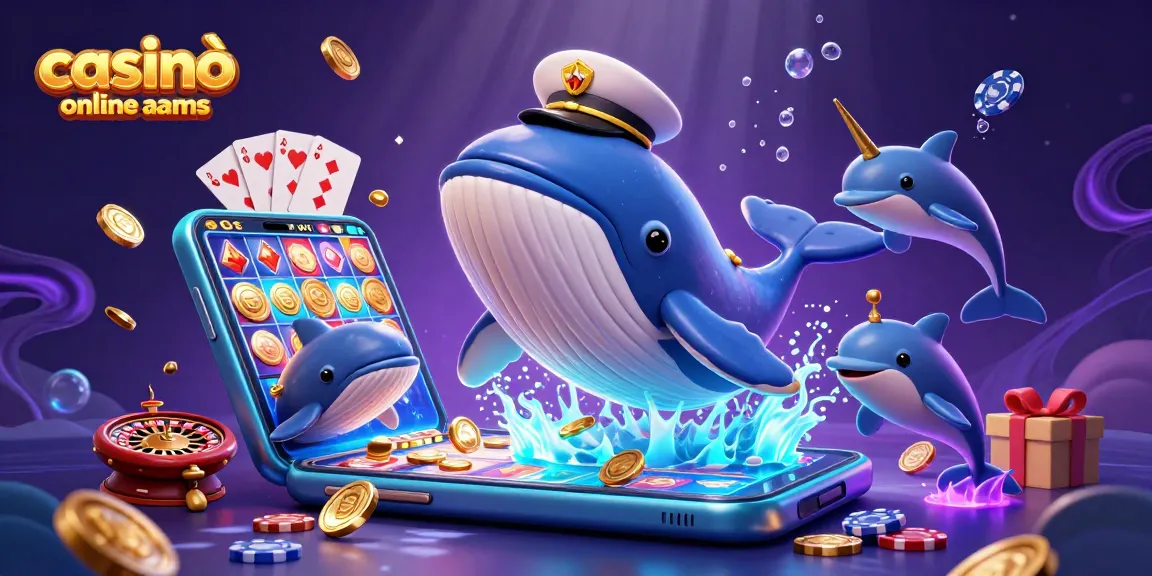 Vivi azioni emozionanti nei casinò online non aams con una scena sottomarina giocosa che presenta una balena che salta e fiches da poker.