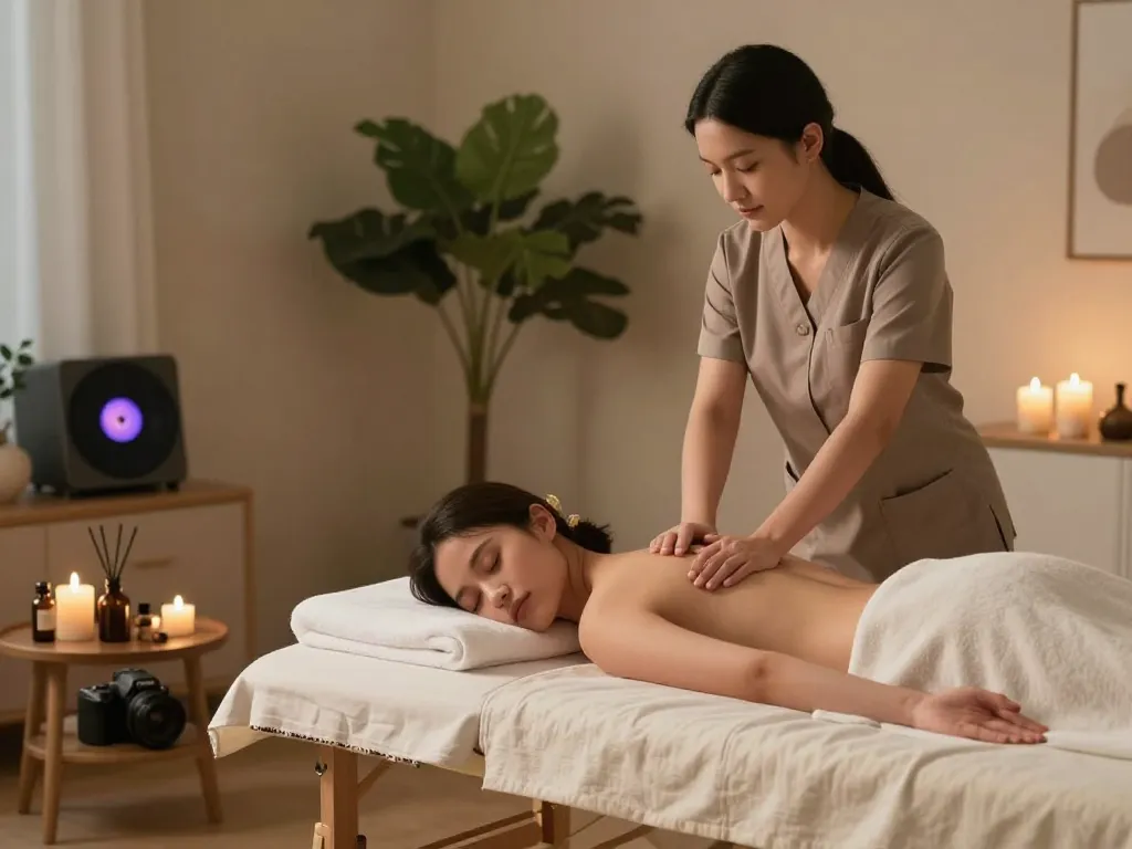 A tranquil at-home massage experience showcasing 출장 therapy by a skilled young therapist with aromatherapy oils.